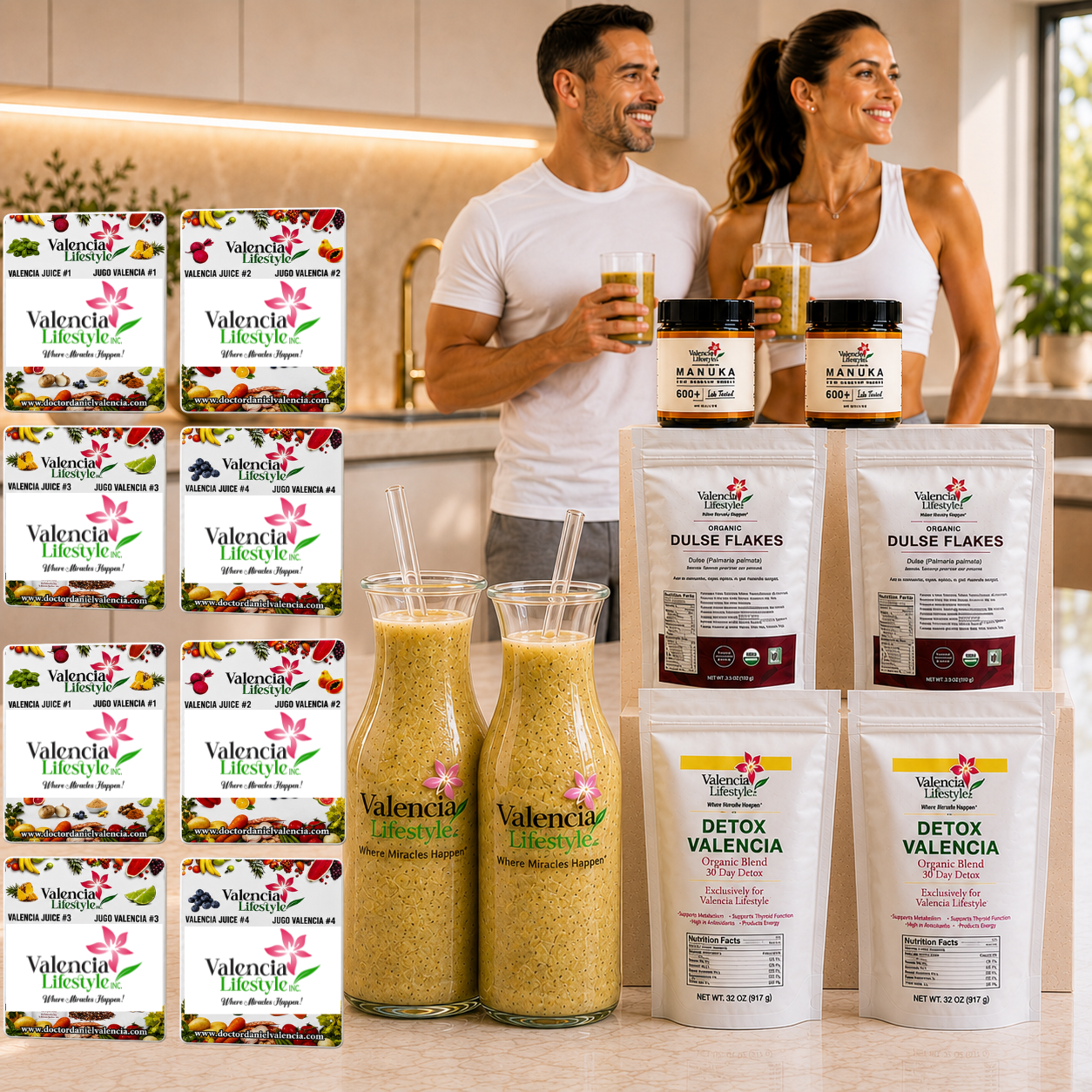 Ajúa 🔥 Combo de preventa 222: Dos Manuka de 4,4 onzas, dos jarras de vidrio de 50 onzas con pajitas, dos algas dulces, dos de desintoxicación y 2 pares de imanes